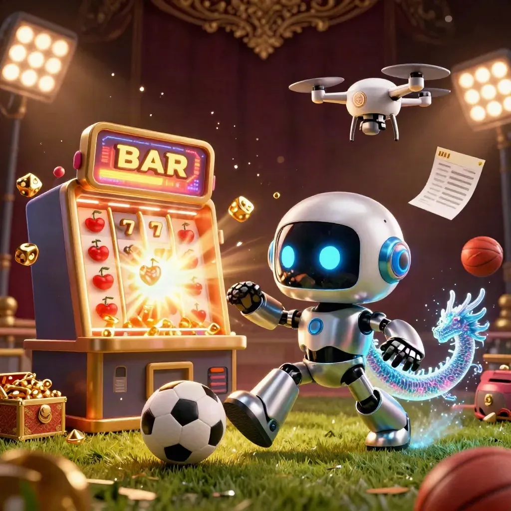 Cyberpunk robot, holographic dragon and drone amid slot burst, balls, gold and casino lights.