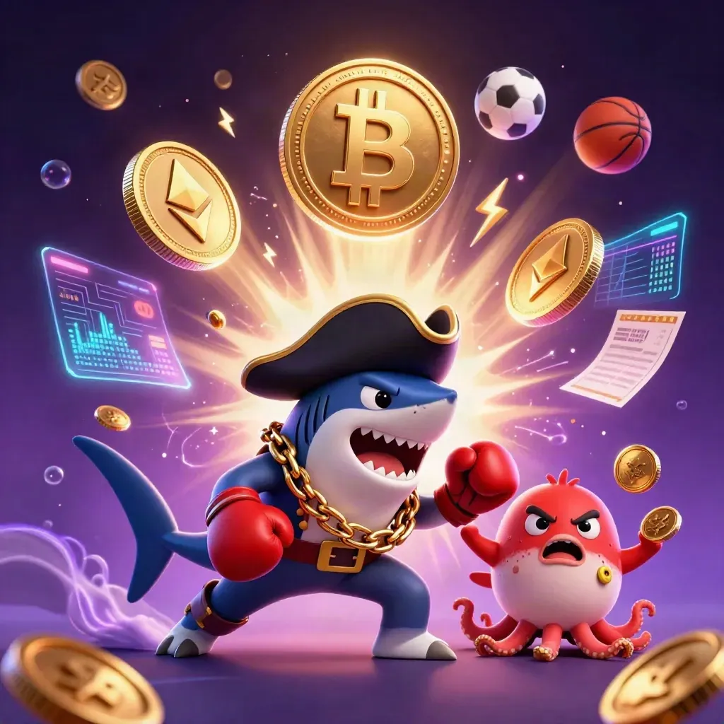 Pirate shark, boxing pufferfish and coin-juggling octopus amid neon sports and casino energy.