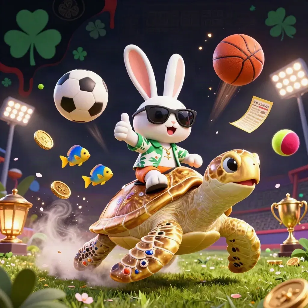 Rabbit on golden turtle amid sports balls, coins and casino lights on a dark green-black background.