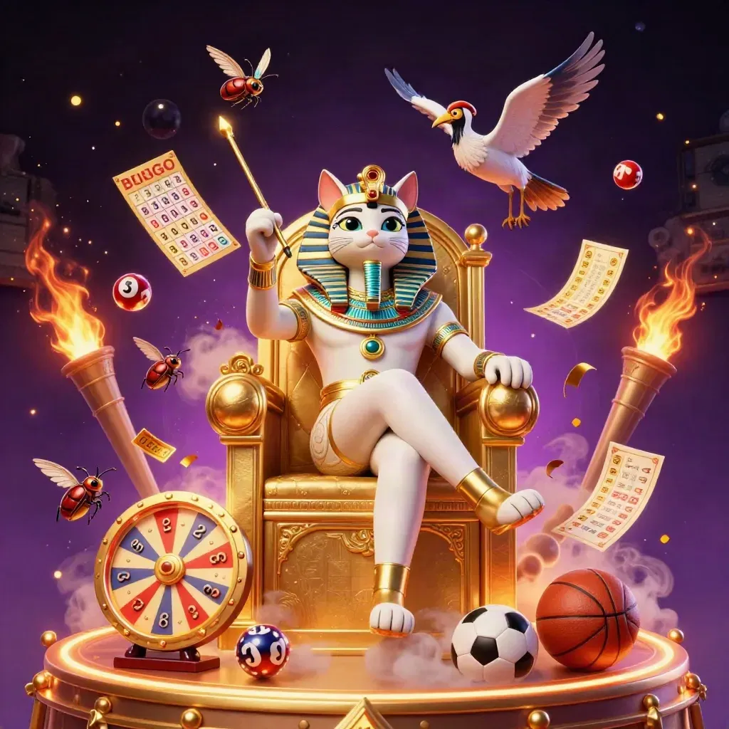 Pharaoh cat on golden throne with ibis scribe, scarabs, and casino icons in a gold-lit cosmic scene.