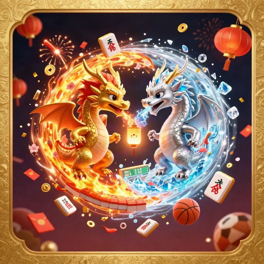 Twin gold and silver dragons spiral with fire and ice amid casino charms and sports icons.
