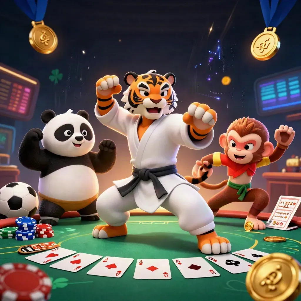 Tiger, panda, and monkey amid casino cards, chips, balls, and glowing energy.