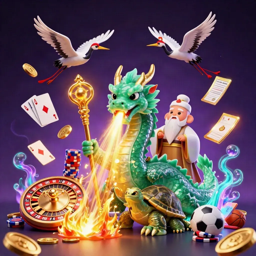 Jade dragon, turtle sage, and cranes amid casino sparks, coins, chips, cards, balls, and golden fire.
