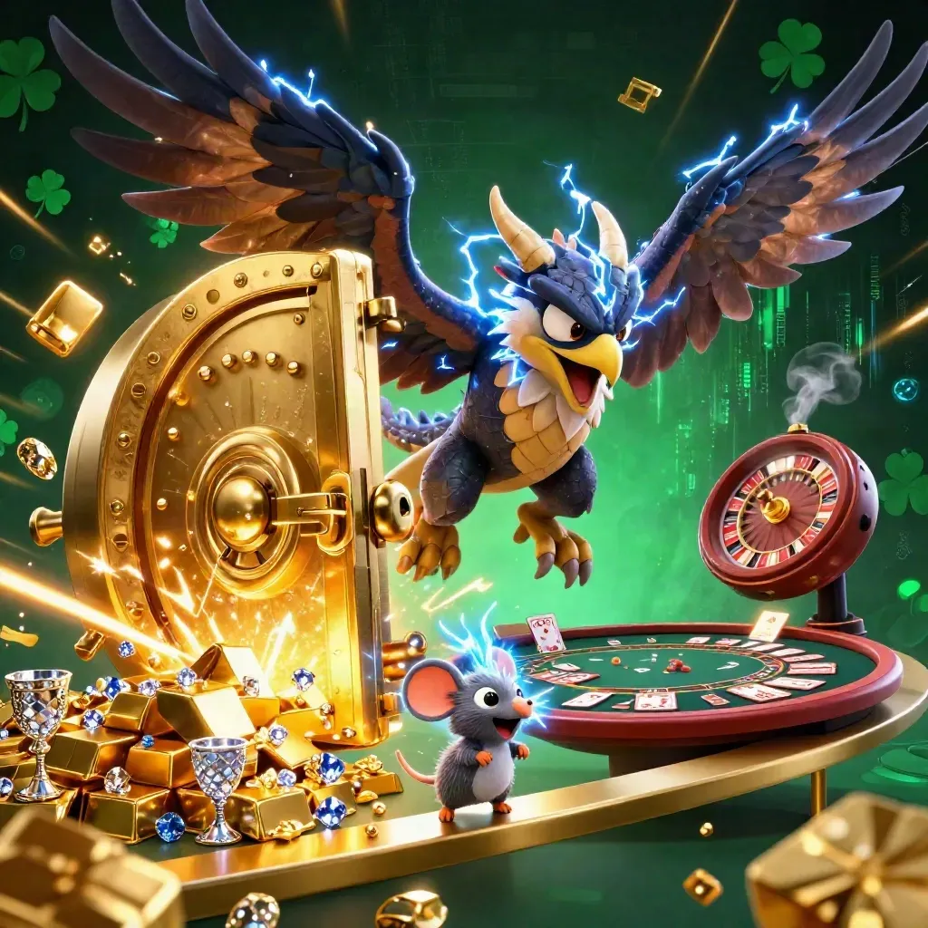 Thunder dragon, wind hawk, and static mouse amid vault gold, gems, and casino glow.