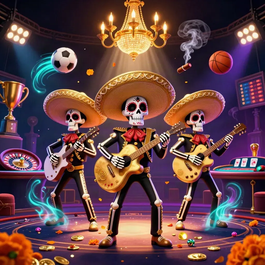 Skeleton mariachi trio amid casino lights, sports balls, trophy, roulette wheel, and gold sparkle