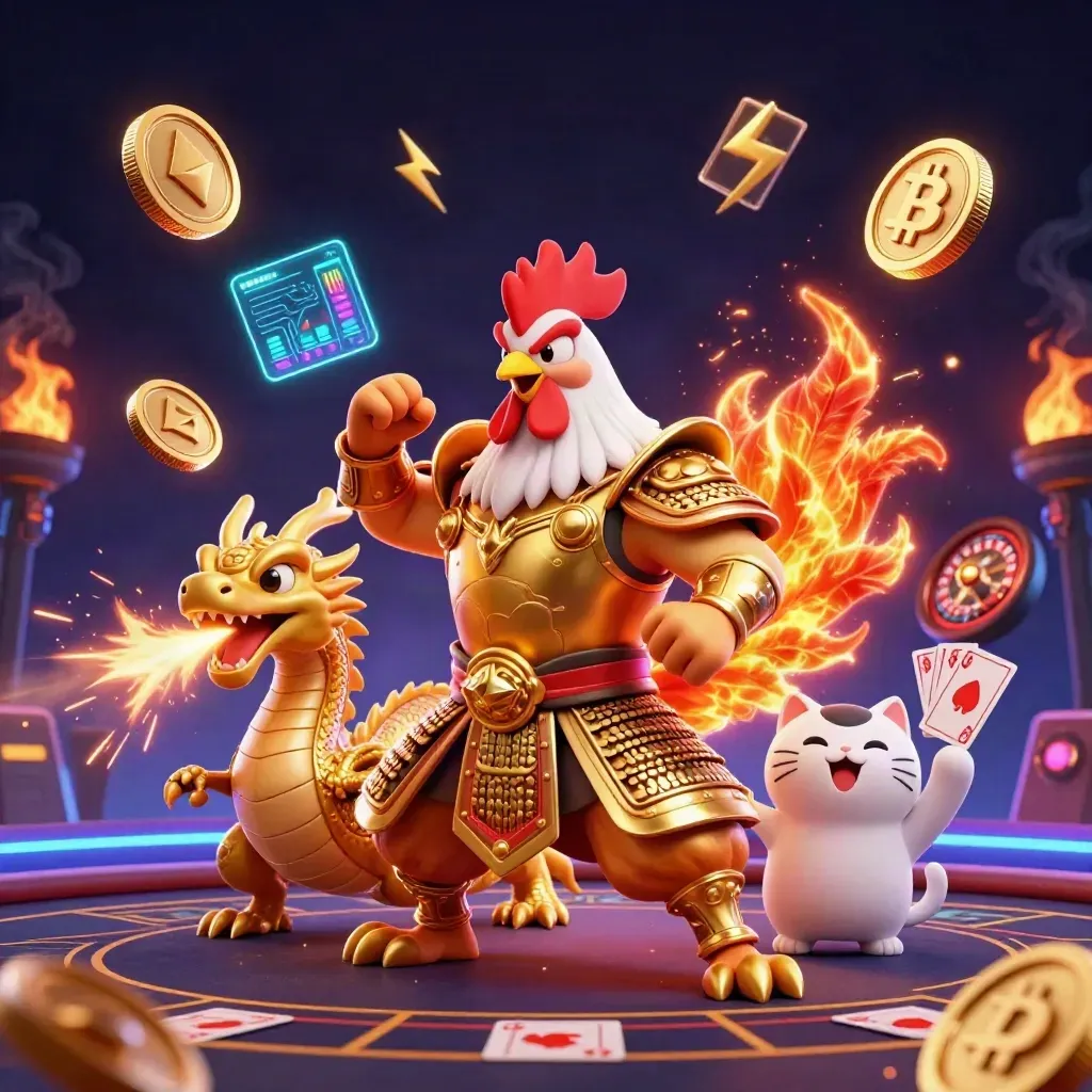 Rooster warrior, dragon hatchling, and fortune-cat amid casino tech effects and glowing coins