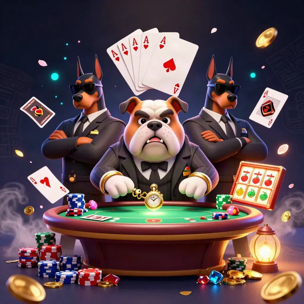 Mafia bulldog and two Dobermans at a neon poker table, chips and cards exploding around them.