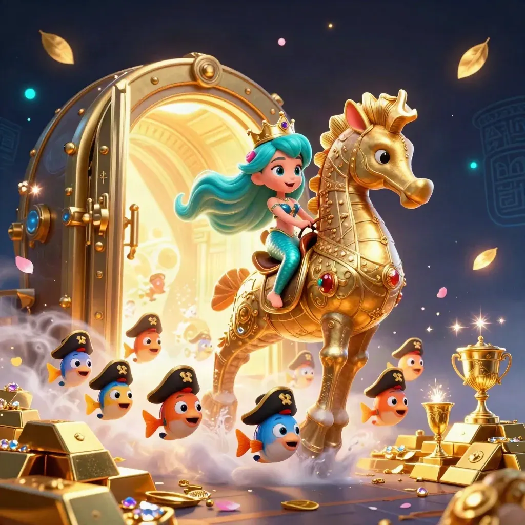 Mermaid princess on armored seahorse amid gold vault burst, fish pirates, cyan magic in navy casino glow.