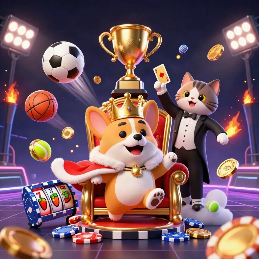 Royal corgi and cat butler amid casino sparks, sports balls, trophies, coins, and neon lights.
