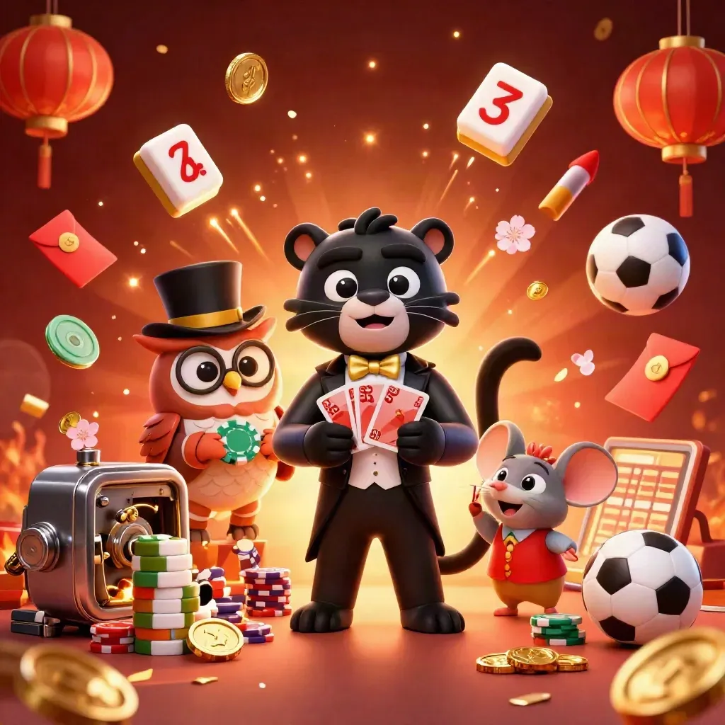 Tuxedo panther, owl, and mouse amid bursting vault, coins, fireworks, and sports props.