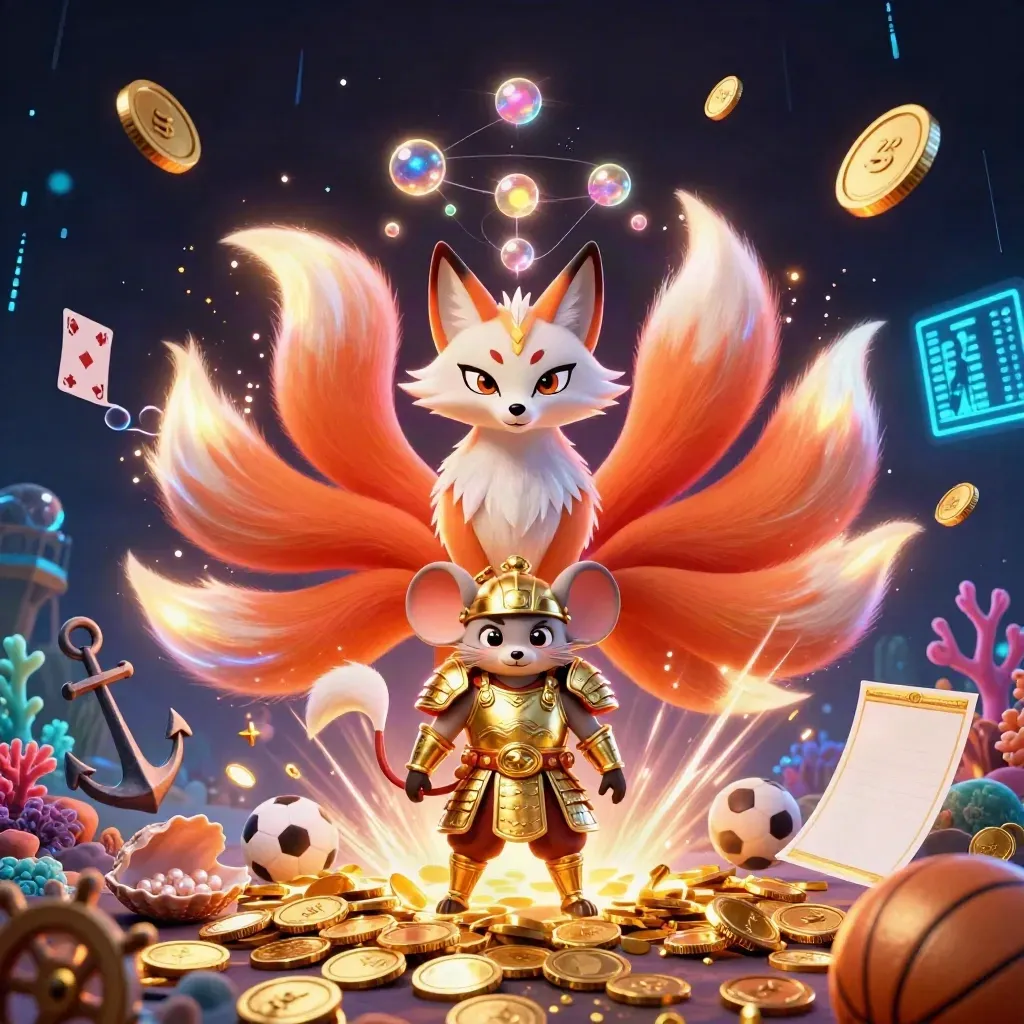 Neon fox spirit and armored mouse amid gold coins, treasure cove, sports icons, and fireworks