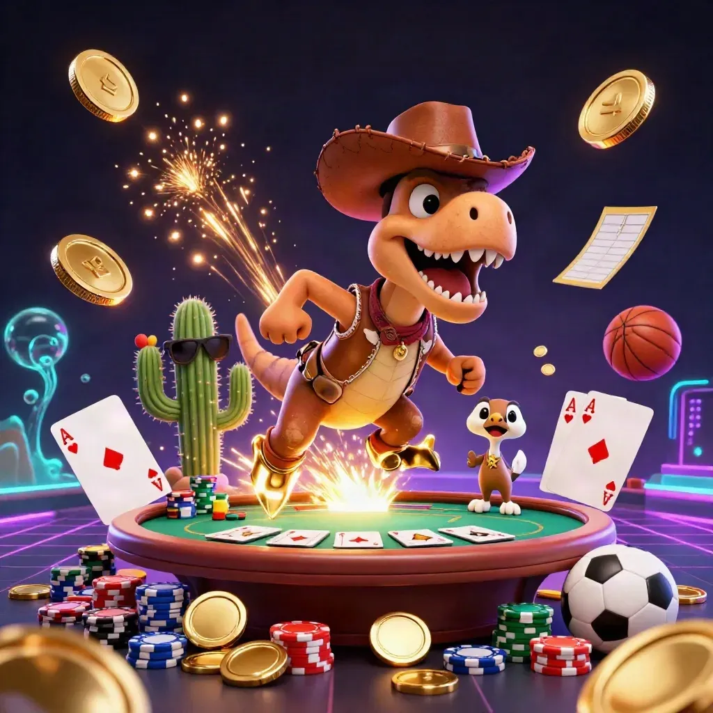 Cowboy T-Rex, cactus, and roadrunner amid coins, fireworks, and casino props.