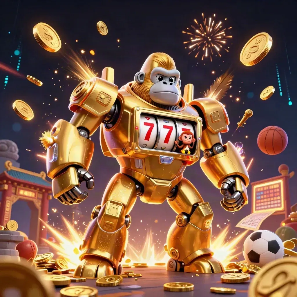 Golden gorilla mech with monkey pilot amid coins, fireworks, and sports betting symbols