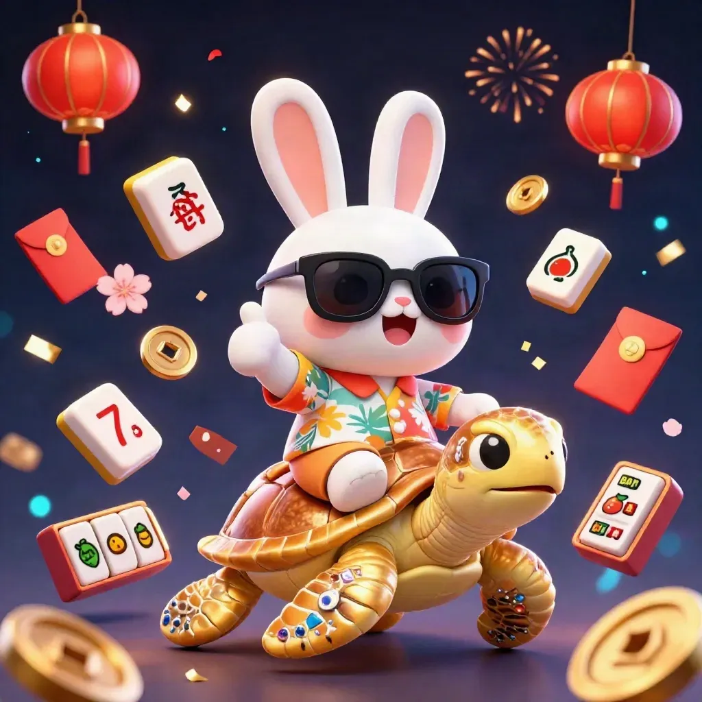Rabbit in sunglasses rides a golden turtle amid casino symbols, fireworks, and glowing confetti.