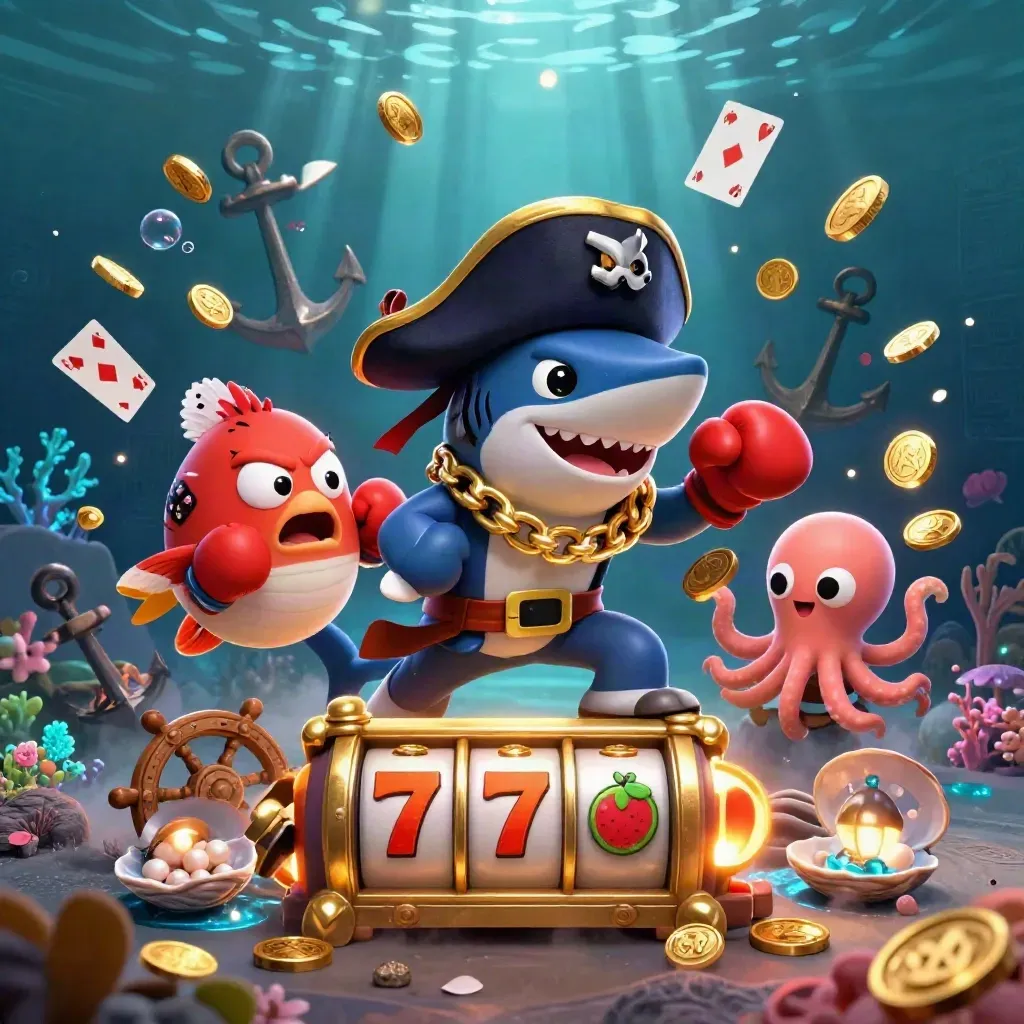 Shark pirate, red pufferfish, and octopus amid gold coins in a glowing underwater casino cove.