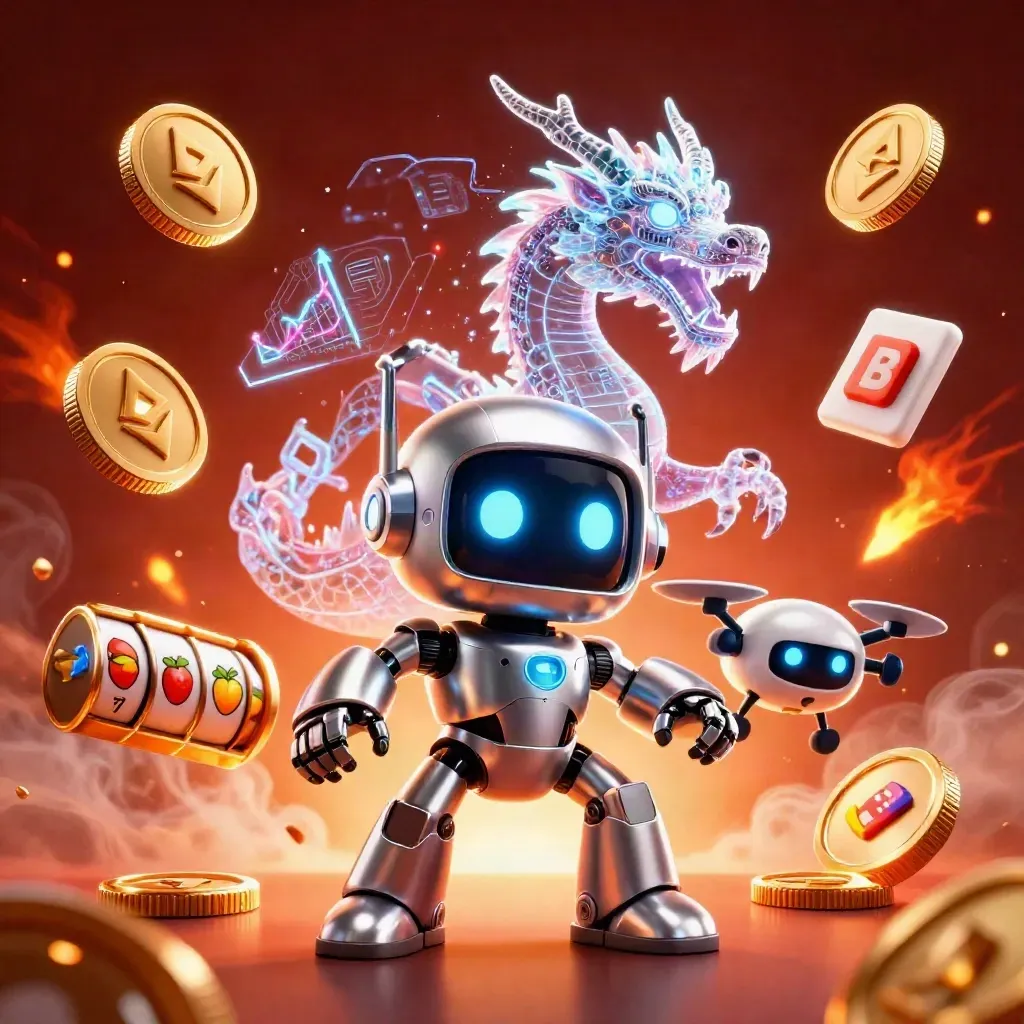 Cyberpunk robot, holographic dragon, and coin drone amid casino coins, lightning, and glowing embers