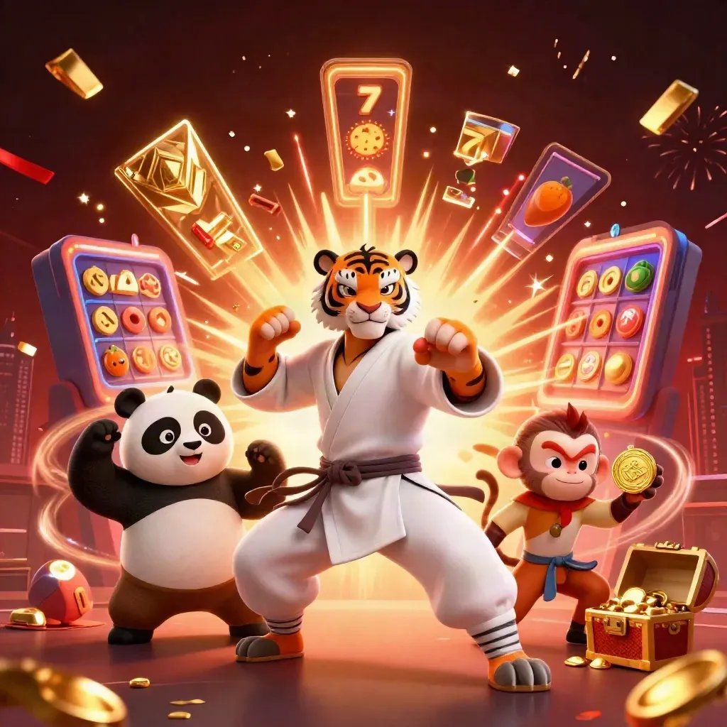 Tiger, panda, and monkey amid a bursting slot machine, gold, sparks, and fireworks.